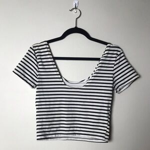 Pink Victoria secret black and white cropped striped short sleeve t-shirt